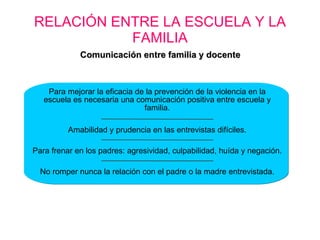 RELACIÓN ENTRE LA ESCUELA Y LA FAMILIA Comunicación entre familia y docente Para mejorar la eficacia de la prevención de la violencia en la escuela es necesaria una comunicación positiva entre escuela y familia. Amabilidad y prudencia en las entrevistas difíciles. Para frenar en los padres: agresividad, culpabilidad, huída y negación. No romper nunca la relación con el padre o la madre entrevistada. 
