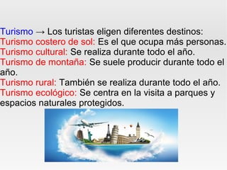 Turismo → Los turistas eligen diferentes destinos:
Turismo costero de sol: Es el que ocupa más personas.
Turismo cultural: Se realiza durante todo el año.
Turismo de montaña: Se suele producir durante todo el
año.
Turismo rural: También se realiza durante todo el año.
Turismo ecológico: Se centra en la visita a parques y
espacios naturales protegidos.
 