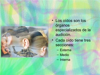 Los oídos son los órganos especializados de la audición. Cada oído tiene tres secciones: Externa Medio Interna 