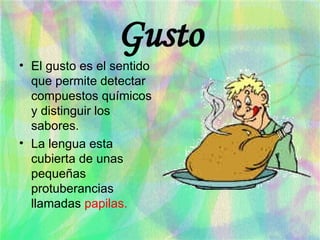 Gusto El gusto es el sentido que permite detectar compuestos químicos y distinguir los sabores. La lengua esta cubierta de unas pequeñas protuberancias llamadas  papilas. 