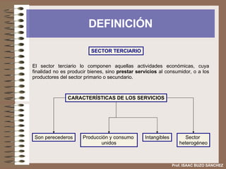 DEFINICIÓN El sector terciario lo componen aquellas actividades económicas, cuya finalidad no es producir bienes, sino  pr...