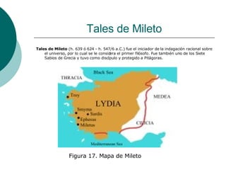 Tales de Mileto Tales de Mileto  (h. 639 ó 624 - h. 547/6 a.C.) fue el iniciador de la indagación racional sobre el universo, por lo cual se le considera el primer filósofo. Fue también uno de los Siete Sabios de Grecia y tuvo como discípulo y protegido a Pitágoras. Figura 17. Mapa de Mileto 