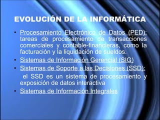 EVOLUCIÓN DE LA INFORMÁTICA Procesamiento Electrónico de Datos (PED):  t areas de procesamiento de transacciones comerciales y contable-financieras, como la facturación y la liquidación de sueldos.  Sistemas de Información Gerencial (SIG)   Sistemas de Soporte a las Decisiones (SSD): el SSD es un sistema de procesamiento y exposición de datos interactiva   Sistemas de Información Integrales 