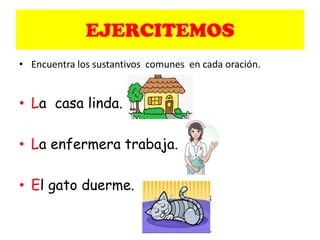 • Encuentra los sustantivos comunes en cada oración.
• La casa linda.
• La enfermera trabaja.
• El gato duerme.
EJERCITEMOS
 