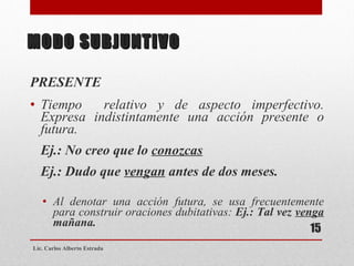 MODO SUBJUNTIVO PRESENTE Tiempo  relativo y de aspecto imperfectivo. Expresa indistintamente una acción presente o futura. Ej.: No creo que lo  conozcas Ej.: Dudo que  vengan  antes de dos meses. Al denotar una acción futura, se usa frecuentemente para construir oraciones dubitativas:  Ej.: Tal vez  venga  mañana. Lic. Carlos Alberto Estrada 