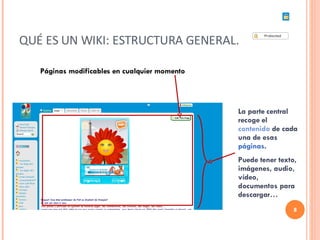 QUÉ ES UN WIKI: ESTRUCTURA GENERAL. La parte central recoge el  contenido  de cada una de esas  páginas .  Puede tener texto, imágenes, audio, vídeo, documentos para descargar… Páginas modificables en cualquier momento  