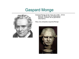 Gaspard Monge
    Gaspard Monge (9 de mayo de 1746 - 28 de
        julio de 1818) fue un matemático
        francés, inventor de la geometría
        descriptiva.

    http://es.wikipedia.org/wiki/Monge
 