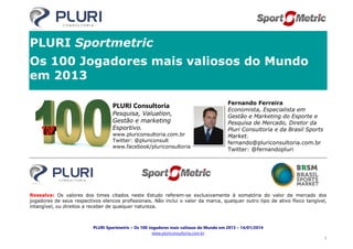 PLURI Sportmetric
Os 100 Jogadores mais valiosos do Mundo
em 2013
PLURI Consultoria
Pesquisa, Valuation,
Gestão e marketing
Esportivo.
www.pluriconsultoria.com.br
Twitter: @pluriconsult
www.facebook/pluriconsultoria

Fernando Ferreira
Economista, Especialista em
Gestão e Marketing do Esporte e
Pesquisa de Mercado, Diretor da
Pluri Consultoria e da Brasil Sports
Market.
fernando@pluriconsultoria.com.br
Twitter: @fernandopluri

Ressalva: Os valores dos times citados neste Estudo referem-se exclusivamente à somatória do valor de mercado dos
jogadores de seus respectivos elencos profissionais. Não inclui o valor da marca, qualquer outro tipo de ativo físico tangível,
intangível, ou direitos a receber de qualquer natureza.

PLURI Sportmetric – Os 100 Jogadores mais valiosos do Mundo em 2013 – 14/01/2014
www.pluriconsultoria.com.br
1

 