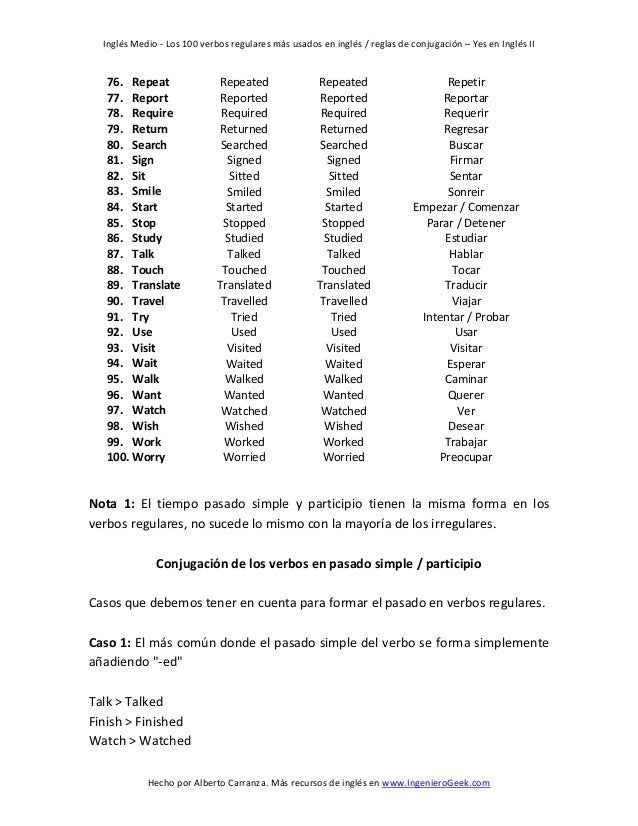 Los 100 verbos regulares más usados en ingles reglas de conjugación