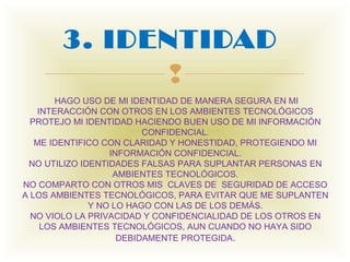3. IDENTIDAD
             
        HAGO USO DE MI IDENTIDAD DE MANERA SEGURA EN MI
    INTERACCIÓN CON OTROS EN LOS AMBIENTES TECNOLÓGICOS
  PROTEJO MI IDENTIDAD HACIENDO BUEN USO DE MI INFORMACIÓN
                         CONFIDENCIAL.
   ME IDENTIFICO CON CLARIDAD Y HONESTIDAD, PROTEGIENDO MI
                  INFORMACIÓN CONFIDENCIAL.
 NO UTILIZO IDENTIDADES FALSAS PARA SUPLANTAR PERSONAS EN
                   AMBIENTES TECNOLÓGICOS.
NO COMPARTO CON OTROS MIS  CLAVES DE  SEGURIDAD DE ACCESO
A LOS AMBIENTES TECNOLÓGICOS, PARA EVITAR QUE ME SUPLANTEN
              Y NO LO HAGO CON LAS DE LOS DEMÁS.
  NO VIOLO LA PRIVACIDAD Y CONFIDENCIALIDAD DE LOS OTROS EN
     LOS AMBIENTES TECNOLÓGICOS, AUN CUANDO NO HAYA SIDO
                    DEBIDAMENTE PROTEGIDA.
 