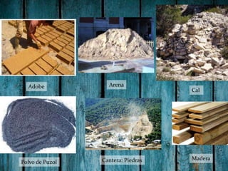 Adobe

Polvo de Puzol

Arena

Cantera: Piedras

Cal

Madera

 