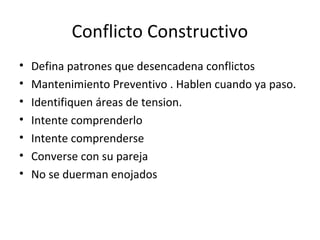 Conflicto Constructivo
•   Defina patrones que desencadena conflictos
•   Mantenimiento Preventivo . Hablen cuando ya paso.
•   Identifiquen áreas de tension.
•   Intente comprenderlo
•   Intente comprenderse
•   Converse con su pareja
•   No se duerman enojados
 