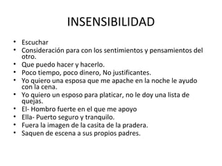 INSENSIBILIDAD
• Escuchar
• Consideración para con los sentimientos y pensamientos del
  otro.
• Que puedo hacer y hacerlo.
• Poco tiempo, poco dinero, No justificantes.
• Yo quiero una esposa que me apache en la noche le ayudo
  con la cena.
• Yo quiero un esposo para platicar, no le doy una lista de
  quejas.
• El- Hombro fuerte en el que me apoyo
• Ella- Puerto seguro y tranquilo.
• Fuera la imagen de la casita de la pradera.
• Saquen de escena a sus propios padres.
 