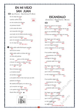 15
w
w
w
.kalinchita.com
boleros
EN MI VIEJOEN MI VIEJOEN MI VIEJOEN MI VIEJOEN MI VIEJO
SSSSSAN JUAN JUAN JUAN JUAN JUANANANANAN
(LOS PANCHOS - NOEL ESTRADA PTO RICO)
En mi viejo San Juan
LA
cuantos sueños forje
en mis noches de infancia
MI
mi primera ilusión
y mis cuitas de amor
son recuerdos del alma
LA
una tarde me fui hacia extraña nación
LA7
pues lo quiso el destino
RE Rem
pero mi corazón se quedó frente al mar
LA MI
en mi viejo San Juan
LA 5)0 6)3-1
Adiós adiós adiós Borinquen querido
MI LA
tierra de mi amor
Adiós adiós adiós mi diosa del mar
MI LA
mi reina del palmar
me voy pero un día volveré
LA7 RE Rem
a buscar mi querer a soñar otra vez
LA FA# Sim
en mi viejo San Juan
MI LA
Pero el tiempo pasó
LA
y el destino burló
mi terrible nostalgia
MI
y no pude volver al San Juan que yo amé
pedacito de Patria,
LA
Mi cabello blanqueó y mi vida se va
LA7
ya la muerte me llama
RE Rem
y no quiero morir alejado de ti
LA MI
Puerto Rico del alma
LA
4 2
ESCESCESCESCESCANDANDANDANDANDALOALOALOALOALO
(JAVIER SOLIS - RUBEN FUENTES - MEJICO)
CIII
Porque tu amor es mi espina
Lam MI7 Lam
por las cuatro esquinas hablan de los dos
FA SOL7 DO
que es un escándalo dicen
SOL DO
y hasta me maldicen por darte mi amor
SOL FA MI
No hagas caso de la gente
Lam MI Lam
sigue la corriente y quiéreme más
LA7 Rem
con eso tengo bastante
Lam
vamos adelante sin ver qué dirán
MI Lam
Si yo pudiera algún día
Rem
remontarme a las estrellas
SOL7 DO
conmigo te llevaría
FA
a donde nadie nos viera
SI7 MI
No hagas caso de la gente
Lam MI Lam
sigue la corriente y quiéreme más
LA7 Rem
que si esto es escandaloso
Lam
es más vergonzoso no saber amar
MI Lam
Si yo pudiera algún día
Rem
remontarme a las estrellas
SOL7 DO
conmigo te llevaría
FA
a donde nadie nos viera
SI7 MI7
No hagas caso de la gente
Lam MI7 Lam
sigue la corriente y quiéreme más
LA7 Rem
que si esto es escandaloso
Lam
es más vergonzoso
MI
no saber amar
Lam-FA-Rem-MI-Lam
4 2
FA#
Rasgueo
#4
Rasgueo
#4
 