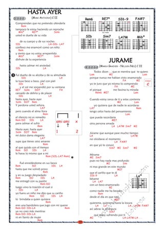 19
w
w
w
.kalinchita.com
boleros
HASTHASTHASTHASTHASTA AA AA AA AA AYERYERYERYERYER
(MARC ANTHONY) C II
Comprendan que no pretendo ofenderla
Rem
tampoco le estoy haciendo un reproche
Mibº RE7* Solm
usted es dueña de su vida
de su cuerpo y de sus noches
SIb LA-SIb- LA7
confieso me enamoré como un niño
Rem
y siento que no estoy arrepentido
Mibº RE7* Solm
disfrute de tu experiencia
hasta calmar mi ansiedad
SIb LA
Fuí dueño de su alcoba y de su almohada
SIb LA
la tuve beso a beso, piel con piel
SIb LA
y el sol me sorpendió por su ventana
RE7 Solm DO7 FA
cansado de delirio y de placer
SIb LA
hasta ayer, hasta ayer
Solm DO7 Rem
Y perdona usted señora
LA7
pero cuando el alma llora
Rem
el silencio no es remedio
Rem-DO SIb LA
para calmar el sufrir
Rem
Hasta ayer, hasta ayer
Solm DO7 Rem
mi dulce dama elegante
LA7
supe que tienes otro amante
Rem
al que quizás con el tiempo
Rem DO SIb LA
le haras lo mismo que a mi
Rem (SOL-LA7-Rem)
Fué enredándome en sus besos
Rem DO SIb LA
hasta que me volvió preso
Rem
y en su juego despiadado
Rem DO SIb LA
me entregó con su pasión
Rem-DO
luego vino la traición el cual si
- SIb LA
yo fuera un niño me dijo que su cariño
Rem DO SIb LA
lo brindaba a quien quisiera
Rem
eres una bandolera que jugo con mi querer
Rem-DO-SIb-LA Rem
ya no creo más mentiras
Rem-DO-SIb-LA
ni en llanto de mujer
Rem
JURAMEJURAMEJURAMEJURAMEJURAME
(MARIA GRAEVER - NELSON NED) C II
Todos dicen . . que es mentira que te quiero
Lam MI Lam
porque nunca me habian visto enamorado
FA MI
yo te juro que yo mismo lo comprendo
FA MI
el porque me fascina tu mirada
Rem6 MI7 Lam
Cuando estoy cerca de ti y estas contenta
MI Lam
yo quisiera que de nadie te acordaras
LA7 Rem
tengo celos hasta del pensamiento
Lam
que pueda recordarte
MI7
otra persona amada
LA LA7M Sim7 MI
Júrame que aunque pase mucho tiempo
LA LA7M
no olvidaras el momento
LA FA#7
en que yo te conoci
Sim7 MI Sim7 MI
Mírame
MI Sim7
pues no hay nada mas profundo
MI Sim
ni mas grande en este mundo
MI7
que el cariño que te di
SI6-9 LA
bésame
LA LA7
con un beso enamorado
RE
como nadie me ha besado
Rem
desde el día en que naci
MI7
quiereme, quiereme hasta la locura
LA Laº LA LA7M FA#7
asi sabras la amargura
Sim7
que estoy sufriendo por ti
MI LA-LA7M-LA . . .
arpegio
C
4 2-2-3-2
ami ami x
1 2
Laº
3 2-2-2 RE7*
III traste
x
x
SIb Mibº
Rem6
LA7M
FA#7
Sim7
SI6-9
x
x
 