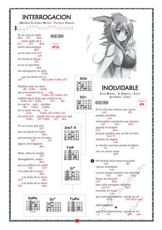 20
w
w
w
.kalinchita.com
boleros
INTERROGACIONINTERROGACIONINTERROGACIONINTERROGACIONINTERROGACION
(MINERVA ELIZONDO MEJICO - PASTELES VERDES)
Ya no creo en nada
Mim SI7 Mim
hasta dudo de ti
Doº SI7 Mim
siento desconfianza
MI7
ya no creo ni en mí
Lam
mi mente se ofusca
SI7
ya no sé qué decir
Mim
me enloquecen los celos
FA#
que yo siento por ti.
SI7 MI-Do#m-Fa#m-SI7
Malditos sean los celos
MI Fa#m Sol#m
que envenenan mi al. . . . ma
Solm Fa#m-SI7-Fa#m-SI7
maldita sea la duda que acabó mi ser
Fa#m SI7 Fa#m SI7 MI
la cruel in. . certi. . dumbre
MI Fa#m Sol#m
de tu amor me ma. . . ta
Solm Fa#m-SI7-Fa#m-SI7
me estoy vol. . viendo loco sin saber por qué.
Fa#m SI7 Fa#m SI7 Mim
Yo no se por qué será
SI7
que no pierdo la razón
Mim
será porque hay en tu amor
DO SI7
alguna interrogación
Mim
Dime, dime la verdad
SI7
desengáñame, mejor
Mim
que yo prefiero un puñal
DO SI7
a la duda de tu amor.
Mim
a la duda de tu amor.
SI7 Mim
a la duda de tu amor.
SI7 Mim
INOLINOLINOLINOLINOLVIDVIDVIDVIDVIDABLEABLEABLEABLEABLE
(LUIS MIGUEL - G. BARRIOS - JULIO
GUTIERREZ - CUBA)
En la vida hay amores que nunca
Lam MI
pueden olvidarse
Lam
imborrables momentos que siempre
DO DO+ DO6
guarda el corazón
LA7 Rem
porque aquellos que un día no hizo
Sim7-5
temblar de alegría
Lam
es mentira que hoy pueda olvidarse
FA Siº
con un nuevo amor
MI7
He besado otras bocas buscando
Lam MI
nuevas ansiedades
Lam
y otros brazos extraños me estrechan
DO DO+ DO6
llenos de emoción
LA7 Rem
pero sólo consiguen hacerme
Sim7-5 MI7
recordar los tuyos
Lam
que inolvidáblemente, vivirán en mi
DO6 FA7-MI7-Lam
(Instrumental)
que inolvidablemente, vivirán en mi
FA MI Lam
3 2 2 0
Rasgueo
#4
14 13 12 14 13 12
12 13 12 11 13 12 11 13 12
9 11 12
3 0 4 4
Rasgueo
#18
FA#
Siº
Sim7-5
DoºDo#m
IV traste
Fa#m
DO+
x
x
DO6
x
x
x
x
 