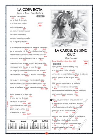 22
w
w
w
.kalinchita.com
boleros
LLLLLA COPA COPA COPA COPA COPA ROTA ROTA ROTA ROTA ROTAAAAA
(BENITO DE JESUS - PUERTO RICO) C V
Aturdido y abrumado
SI7 Mim
por la duda de los celos
se ve triste en la cantina
un bohemio ya sin fe
SI7
con los nervios destrozados
y llorando sin remedio
como un loco atormentado
por la ingrata que se fue
Mim
Se ve siempre acompañado del mejor de los amigos
Mim SI7 Mim
que le acompaña y le dice "ya esta bueno de licor"
MI7 Lam
Nada remedias con llanto nada remedias con vino
Mim
al contrario la recuerda mucho mas tu corazon.
SI7 Mim
Una noche como un loco mordio la copa de vino
RE7 SOL
y con su cortante filo que su boca destrozo
SI7 Mim
y la sangre que brotaba confundiose con el vino
Lam Mim
y en la cantina este grito. . . a todos estremecio.
FA#7 SI7
No te apures compañero si me destrozo la boca
Lam Mim
no te apures es que quiero con el filo de esta copa
SI7 Mim
borrar la huella de un beso traicionero que me dio
SI7 Mim-MI7
Mozo sirvame en la copa rota
Lam Mim
sirvame que me destroza
SI7
esta fiebre de obsesion
Mim MI7
mozo sirveme una copa rota
Lam Mim
quiero sangrar gota a gota
SI7
el veneno de su amor
Mim (MI7)
3 0 4 4
2veces
LLLLLA CA CA CA CA CARCEL DE SINGARCEL DE SINGARCEL DE SINGARCEL DE SINGARCEL DE SING
SINGSINGSINGSINGSING
(JOSÉ FELICIANO)
Intro: Mim-Mim+-Mim6-Mim+ (x2)
Ayer yo visité la cárcel de Sing Sing
Mim
y en una de sus celdas solitarias
MI7 Lam
un hombre se encontraba arrodillado al redentor
Mim
piedad, piedad de mí, mi gran señor
DO SI7
Más cuando me miró a mí se abalanzó
Mim
y con voz temblorosa entrecortada
MI7 Lam
escucha triste hermano esta horrible confesión
Mim
aquí yo condenado a muerte estoy
DO SI7 Mim
Yo tuve que matar a un ser que quise amar
Mim
y aunque aún estando muerta yo la quiero
MI7 Lam
al verla con su amante a los dos los maté
Mim
por culpa de esa infame moriré
DO SI7 Mim
Minutos nada más me quedan ya pa' respirar
RE SOL
la silla lista está, la cámara también
SI7 Mim
a mi pobre viejita que desesperada está
FA Mim
entregúele este recuerdo de mí.
DO SI7 Mim
5 2 4 2
FA#7Mim+ DO7MMim6
Rasgueo
#4
Rasgueo
#4
 