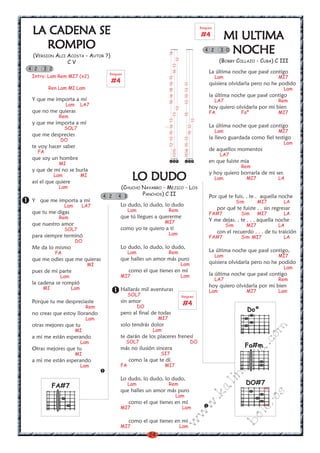 24
w
w
w
.kalinchita.com
boleros
LLLLLA CA CA CA CA CADENA SEADENA SEADENA SEADENA SEADENA SE
ROMPIOROMPIOROMPIOROMPIOROMPIO
(VERSION ALCI ACOSTA - AUTOR ?)
C V
Intro: Lam Rem MI7 (x2)
Ren Lam MI Lam
Y que me importa a mí
Lam LA7
que no me quieras
Rem
y que me importa a mí
SOL7
que me desprecies
DO
te voy hacer saber
FA
que soy un hombre
MI
y que de mi no se burla
Lam MI
así el que quiere
Lam
Y que me importa a mí
Lam LA7
que tu me digas
Rem
que nuestro amor
SOL7
para siempre terminó
DO
Me da lo mismo
FA
que me odies que me quieras
MI
pues de mi parte
Lam
la cadena se rompió
MI Lam
Porque tu me despreciaste
Rem
no creas que estoy llorando
Lam
otras mejores que tu
MI
a mi me están esperando
Lam
Otras mejores que tu
MI
a mi me están esperando
Lam
4 2 3 2
LO DUDOLO DUDOLO DUDOLO DUDOLO DUDO
(CHUCHO NAVARRO - MEJICO - LOS
PANCHOS) C II
Lo dudo, lo dudo, lo dudo
Lam Rem
que tú llegues a quererme
MI7
como yo te quiero a tí
Lam
Lo dudo, lo dudo, lo dudo,
Lam Rem
que halles un amor más puro
Lam
como el que tienes en mí
MI7 Lam
Hallarás mil aventuras
SOL7
sin amor
DO
pero al final de todas
MI7
solo tendrás dolor
Lam
te darán de los placeres frenesí
SOL7 DO
más no ilusión sincera
SI7
como la que te dí.
FA MI7
Lo dudo, lo dudo, lo dudo,
Lam Rem
que halles un amor más puro
Lam
como el que tienes en mí
MI7 Lam
como el que tienes en mí
MI7 Lam
MI ULMI ULMI ULMI ULMI ULTIMATIMATIMATIMATIMA
NOCHENOCHENOCHENOCHENOCHE
(BOBBY COLLAZO - CUBA) C III
La última noche que pasé contigo
Lam MI7
quisiera olvidarla pero no he podido
Lam
la última noche que pasé contigo
LA7 Rem
hoy quiero olvidarla por mi bien
FA Faº MI7
La última noche que pasé contigo
Lam MI7
la llevo guardada como fiel testigo
Lam
de aquellos momentos
LA7
en que fuiste mia
Rem
y hoy quiero borrarla de mi ser.
Lam MI7 LA
Por qué te fuis. . te . aquella noche
Sim MI7 LA
por qué te fuiste . . sin regresar
FA#7 Sim MI7 LA
Y me dejas. . te . . . aquella noche
Sim MI7 LA
con el recuerdo . . . de tu traición
FA#7 Sim MI7 LA
La última noche que pasé contigo,
Lam MI7
quisiera olvidarla pero no he podido
Lam
la última noche que pasé contigo
LA7 Rem
hoy quiero olvidarla por mi bien
Lam MI7 Lam
Rasgueo
#4
Rasgueo
#4
Doº
DO#7
x
x
Fa#m
4 2 4 3
1213151613181618161516
1315131613
1312
151615131513151311
1512
12
Rasgueo
#4
4 2 3 0
FA#7
 