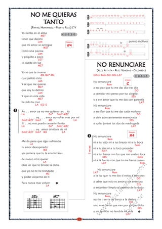 29
w
w
w
.kalinchita.com
boleros
NO RENUNCIARENO RENUNCIARENO RENUNCIARENO RENUNCIARENO RENUNCIARE
(ALCI ACOSTA - RUIZ VENEGAS - COLOMBIA)
Intro: Rem-DO-SIb-LA7
No renunciaré
Rem
a esa paz que tu me das dia tras día
DO
a cambiar mis penas por tus alegrías
SIb
y a ese amor que tu me das con garantía
LA7
No renunciare
Rem
a esa flor que tu me das cada mañana
DO
a vivir constantemente enamorada
SIb
a soñar juntos los dos de madrugada
LA7
No renunciare
Rem
ni a tus ojos ni a tus brazos ni a tu boca
Solm
ni a tu risa ni a tu loco proceder
DO7 FA
ni a tus besos con los que me vuelvo loca
SIb Solm
ni a la fuerza con que tu me haces querer
LA7 Rem
No renunciare
LA7 Rem
a la luz que tu me das si estoy a obscuras
DO
a saber que esto es amor y no aventura
SIb
a encontrar limpio el camino de la duda
LA7
No renunciare
Rem
yo sin ti seria un barco a la deriva
DO
uno mas de las que van por ahi perdidos
SIb
y sin sentido no tendría mí vida
LA7
2veces
NO ME QUIERASNO ME QUIERASNO ME QUIERASNO ME QUIERASNO ME QUIERAS
TTTTTANTOANTOANTOANTOANTO
(RAFAEL HERNANDEZ - PUERTO RICO) C V
Yo siento en el alma
MI7
tener que decirte
Lam
que mi amor se extingue
MI7
como una pavesa
Lam
y poquito a poco
SI7
se queda sin luz
MI7
Yo se que te mueres
MI-MI*-MI
cual palido cirio
Lam
Y se que me quieres
MI7
que soy tu delirio
Lam
Y que en esta vida
MI7
he sido tu cruz
LA 6)2-0
Ay. . . amor ya no me quieras tan. . to
LA Doº Sim7-MI7
. . . . ay. . . . amor no sufras mas por mi
Sim7-MI7 Sim7 MI LA
Si. . .no mas puedo causarte llanto
LA Doº Sim7-MI7
. . . . ay. .amor olvidate de mi
Sim7-MI7 Sim7 MI LA
Me da pena que sigas sufriendo
LA
tu amor desesperado
MI
yo quisiera que tu te encontraras
de nuevo otro querer
LA
otro ser que te brinde la dicha
que yo no te he brindado
MI
y poder alejarme de ti
Para nunca mas volver
LA
4 2-2 3 0
4 0-2-3-5
SIb MI*
Rasgueo
#4
arpegio
C
Rasgueo
#4
1112 13 12 10 5 4 5 6 5 4 5 6 5 4 5
8 6 6 8 6 5 4 5
5 6 7 8 6 5 6
7
)
)
13 13 13 13 12 13 15 13 12 12 12 12 12 12 12 12
10 11
12 8 12 13
10 9 8 8 13 13 13 12 12
12
13 10 13 12
10 11 9 9 13 13 13 12 13
12
tr
tr
punteo motivos
 
