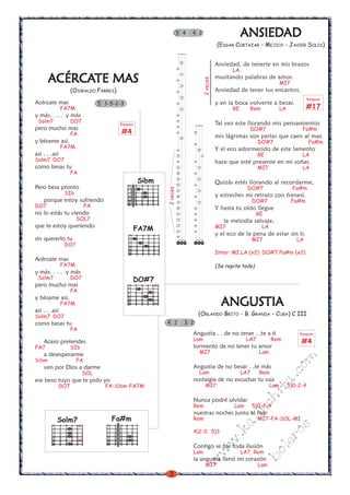 3
w
w
w
.kalinchita.com
boleros
ACÉRCACÉRCACÉRCACÉRCACÉRCAAAAATE MASTE MASTE MASTE MASTE MAS
(OSWALDO FARRES)
Acércate mas
FA7M
y más. . . . y más
Solm7 DO7
pero mucho mas
FA
y bésame asi,
FA7M
asi . . .asi
Solm7 DO7
como besas tu
FA
Pero besa pronto
SIb
porque estoy sufriendo
DO7 FA
no lo estás tu viendo
SOL7
que te estoy queriendo
sin quererlo tu
DO7
Acércate mas
FA7M
y más. . . . y más
Solm7 DO7
pero mucho mas
FA
y bésame asi,
FA7M
asi . . .asi
Solm7 DO7
como besas tu
FA
Acaso pretendes
FA7 SIb
a desesperarme
Sibm FA
ven por Dios a darme
SOL
ese beso tuyo que te pido yo
DO7 FA-Sibm-FA7M
ANGUSTIAANGUSTIAANGUSTIAANGUSTIAANGUSTIA
(ORLANDO BRITO - B. GRANDA - CUBA) C III
Angustia . . de no tener . .te a ti
Lam LA7 Rem
tormento de no tener tu amor
MI7 Lam
Angustia de no besar . .te más
Lam LA7 Rem
nostalgia de no escuchar tu voz
MI7 Lam 5)0-2-4
Nunca podré olvidar
Rem Lam 5)0-2-4
nuestras noches junto al mar
Rem MÍ7-FA-SOL-MI
4)2-0 5)3
Contigo se fue toda ilusión
Lam LA7 Rem
la angustia llenó mi corazón
MI7 Lam
4 2 3 2
Sibm
DO#7
x
x
Fa#mSolm7
x
x
5 3-5-2-3
FA7M
Rasgueo
#4
5 4 4 2
2veces
9121212121012101210121012912999999999
101212121210
2veces
999999999914
1212121210
11
ANSIEDANSIEDANSIEDANSIEDANSIEDADADADADAD
(EDGAR CORTAZAR - MEJICO - JAVIER SOLIS)
Ansiedad, de tenerte en mis brazos
LA
musitando palabras de amor.
MI7
Ansiedad de tener tus encantos.
y en la boca volverte a besar.
RE Rem LA
Tal vez este llorando mis pensamientos
DO#7 Fa#m
mis lágrimas son perlas que caen al mar.
DO#7 Fa#m
Y el eco adormecido de este lamento
RE LA
hace que esté presente en mi soñar.
MI7 LA
Quizás estés llorando al recordarme,
DO#7 Fa#m.
y estreches mi retrato con frenesí.
DO#7 Fa#m
Y hasta tu oído llegue
RE
la melodía salvaje,
MI7 LA
y el eco de la pena de estar sin ti.
MI7 LA
Inter: MI LA (x2) DO#7 Fa#m (x2)
(Se repite todo)
Rasgueo
#17
Rasgueo
#4
 