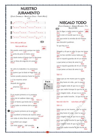 31
w
w
w
.kalinchita.com
boleros
NUESTRONUESTRONUESTRONUESTRONUESTRO
JURAMENTOJURAMENTOJURAMENTOJURAMENTOJURAMENTO
(JULIO JARAMILLO - BENITO DE JESUS - PUERTO RICO)
C I
Intro: MI Lam MI Lam
Rem Lam MI Lam
No puedo verte triste porque me mata
Lam LA7 Rem
tu carita de pena mi dulce amor
MI Lam
me duele tanto el llanto que tu derramas
DO SOL7 DO
que se llena de angustia mi corazón
FA/A MI
Yo sufro lo indecible si tu entristeces
Lam Rem
no quiero que la duda te haga llora. .ar
MI LA-LA7
hemos jurado amarnos hasta la muerte
Rem
y si los muertos aman
Lam
después de muertos
SI7
amarnos mas
MI Lam 6)0-1-2
Si yo muero primero es tu promesa
SOL7 DO
sobre de mi cadáver dejar caer
SOL7 DO 5)3-2-1
todo el llanto que brote de tu tristeza
LA7 Rem
y que todos se enteren de tu querer
SOL 7 DO
Si tu mueres primero yo te prometo
SOL7 DO
que escribiré la historia de nuestro amor
MI LA-LA7
con toda el alma llena de sentimiento
Rem
la escribiré con sangre
Lam
con tinta sangre . . del corazón
SI7 MI Lam
NIEGALO TODONIEGALO TODONIEGALO TODONIEGALO TODONIEGALO TODO
(JULIO JARAMILLO - GERMAN ROSARIO - PTO
RICO) C III
No le digas a nadie como te quiero
Rem LA7 Rem
hazle creer al mundo que no es asi
SIb LA7
por que existe la envidia de tal manera
Solm LA
que descubrir pudieran
lo que hay en ti.
Rem
Niegalo y di que es odio lo que me tienes
Rem LA7 Rem
que no has sentido nunca nada por mi
RE7 Solm
que ni siquiera guardas de mi un retrato
LA
y que jamas un beso de amor te di
Rem
que ni siquiera guardas de mi un retrato
Solm LA
y que jamas un beso de amor te di
Rem
5)0-1-2
Sabes que yo me muero por tu cariño
DO7 FA
que doy hasta mi vida...por tu querer
DO7 FA
pero niegalo todo di que no es cierto
LA7 Rem
para que nadie tronque lo que ha de ser.
LA Rem
pero niegalo todo...di que no es cierto
LA7 Rem
para que nadie tronche , lo que ha de ser
LA Rem
Rem-DO-SIb-FA Solm-Rem-LA7-Rem
5)0-1-2
Sabes que yo me muero. . por tu cariño
DO7 FA
que doy hasta mi vida . .por tu querer
DO7 FA
pero niegalo todo di que no es cierto
LA7 Rem
para que nadie tronche lo que ha de ser
LA7 Rem
pero niegalo todo di que no es cierto
LA7 Rem
para que nadie tronche lo que ha de ser
LA7 Rem
3 2
FA/A
Rasgueo
#4
8 14 13 9 8 11 14 13 9
10 11 10 11
10 10
tr
14 16 14 16
16 16 16 16 16 16 16 16 16 16 16 16
13 14 13 14
14 14 14 14 14 14 14 14 14 14 14 14
11 13 11 13 9
13 13 13 13 13 13 13 13 13 11 11
10 10
4 2
Rasgueo
#4
 