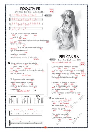 33
w
w
w
.kalinchita.com
boleros
POQUITPOQUITPOQUITPOQUITPOQUITA FEA FEA FEA FEA FE
(PTO -RICO - BOBY CAPO - LOS PANCHOS) C I
Yo sé que siempre dudas de mi amor
SOL Mim Lam
y no te culpo
RE7 SOL Mim
. . . . . y sé que no has logrado hacer de mi querer
Lam-SI7 Mim SI7
lo que tu amor soñó.
DO
. . .Yo sé que fue muy grande la ilusión
MI7-Lam MI
que en mi tu te forjaste
Lam
para luego encontrar
LA7
desconfianza y frialdad en mi querer.
RE-RE+
Comprende que mi amor burlado fue
SOL Mim Lam
ya ta. . antas ve. . ces
RE7 SOL Mim-Lam
que se ha quedado al fin mi pobre corazón
SI7 Mim SI7
con tan poquita fe
DO MI7-Lam
Tu tienes que ayudar a conseguir
DO RE7
la fe que con engaños yo perdí
SOL FA MI
me tienes que ayudar de nuevo amar
Lam RE7
y a perdonar
SOL-Mim-Lam-RE7
4 0 2 0
PIEL CPIEL CPIEL CPIEL CPIEL CANELANELANELANELANELAAAAA
(BOBBY CAPO - LOS PANCHOS) CIII
Intro: Lam SOL Lam RE7 SOL
Que se quede el infinito sin estrellas
Lam RE7 SOL
o que pierda el ancho mar su inmensidad
Mim Lam RE7 SOL
Pero el negro de tus ojos que no muera
SI7 Mim
Y el canela de tu piel se quede igual
LA7 RE
Si perdiera el arco iris su belleza
Lam RE7 SOL
y las flores su perfume y su color
Mim Lam RE7 SOL
No sería tan inmensa mi tristeza
SI7 Mim
Como aquella de quedarme sin tu amor
LA7 RE
Me importas tú y tú . . y tú
Lam-Lam7M-Lam7
Y solamente tú y tú y tú
RE7 SOL Sim Mim
Me importas tú y tú . . y tú
Lam-Lam7M-Lam7
Y nadie mas que tú.
RE7 SOL-FA-MI
Ojos negros piel canela
MI7 Lam
Que me llegan a desesperar
Lam7 Dom
4 0-1-2
RE+Lam7 Lam7M
7 6
5
6 6 6 7 8 6 6 6 7 8 8
2 veces 2 veces
7 9 7 6
5 8 5 6
6 6 6 7 8 6 6 6 6 8
2 veces
Rasgueo
#18
Rasgueo
#4
Rasgueo
#4
13 13 13 13 13 13
14 14 14 14 14 14 14 14 14 14 14
15 15 15 15 15 15 15 15
11 11 11 11 11 11
13 13 13 13 13 13 13 13 13 13 13
13 13 13 13 13 13 13 13
9 9 9 9 11 9 11 9 9 8
11 11 11 11 11 11 11 11 13 11 13 11 11 9
12 12 12 12 12 12
8 9 6
9 11 8
10 10 8
 