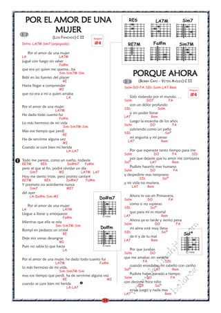 34
w
w
w
.kalinchita.com
boleros
POR EL AMOR DE UNAPOR EL AMOR DE UNAPOR EL AMOR DE UNAPOR EL AMOR DE UNAPOR EL AMOR DE UNA
MUMUMUMUMUJERJERJERJERJER
(LOS PANCHOS) C II
Intro: LA7M S¡m7 (arpegiado)
Por el amor de una mujer
LA LA7M
jugué con fuego sin saber
Fa#m
que era yo quien me quema...ba
Sim-Sim7M-S¡m
Bebí en las fuentes del placer
RE
Hasta llegar a comprender
MI
que no era a mí a quien amaba
LA
Por el amor de una mujer
LA7M
He dado todo cuanto fui
Fa#m
Lo más hermoso de mi vida
Sim-Sim7M-Sim
Mas ese tiempo que perdí
RE
Ha de servirme alguna vez
MI
Cuando se cure bien mi herida
LA-LA7
Todo me parece, como un sueño, todavía
RE7M RE6 Do#m7 Fa#m
pero sé que al fin, podré olvidar un día
Sim7 MI LA7M LA7
Hoy me siento triste, pero pronto cantaré
RE7M RE6 Do#m7 Fa#m
Y prometo no acordarme nunca
Sim7 MI7
del ayer
LA-Do#m-Sim-MI
Por el amor de una mujer
LA LA7M
Llegue a llorar y enloquecer
Fa#m
Mientras que ella se reía
S¡m-Sim7M-Sim
Rompí en pedazos un cristal
RE
Deje mis venas desangrar
MI
Pues no sabía lo que hacia
LA
Por el amor de una mujer, he dado todo cuanto fui
LA7M Fa#m
lo más hermoso de mi vida,
Sim-S¡m7M-Sim
mas ese tiempo que perdí, ha de servirme alguna vez
RE MI
cuando se cure bien mi herida
LA-LA7
3 2
LA7M Sim7
Fa#m Sim7MRE7M
RE6
Do#m7
IV traste
Do#m
IV traste
PORQUE AHORAPORQUE AHORAPORQUE AHORAPORQUE AHORAPORQUE AHORA
(BOBBY CAPO - VITIN AVILES) C II
Solm-DO-FA-SIb-Solm-LA7-Rem
Solo rodando por el mundo. . .
Solm DO7 FA
con un dolor profundo
SIb Solm
y sin poder llorar
LA7 Rem
Luego la escarcha de los años
Solm DO FA
cubriendo como un paño
SIb Solº
mi angustia y mi penar
LA7 Rem
Por que esperaste tanto tiempo para irte
Solm DO FA SIb
por que dejaste que tu amor me corroyera
Solº LA7 Rem
Pudiste hacerlo mas humano
Solm DO FA
y despedirte mas temprano
SIb Solº
y mi vida no muriera.
LA7 Rem
Ahora te vas en Primavera,
Solm DO FA
como si no supieras
SIb Solº
que para mí es mortal
LA7 Rem
Ahora ya es tarde y siento pena
Solm DO FA
mi alma está muy llena
SIb Solº
de tí y de tu mal
LA7 Rem
Por que jurabas
Solm DO
que me amabas sin sentirlo
FA SIb
cuando enredabas mi cabello con cariño
Solº LA7 Rem
Pudiste haber parado a tiempo
Solm DO FA
con decirme mira niño
SIb Solº
es un juego y nada mas
LA7 Rem
3 3
Rasgueo
#4
Rasgueo
#4
III traste
Solº
 