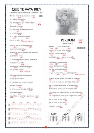 35
w
w
w
.kalinchita.com
boleros
QUE TE VQUE TE VQUE TE VQUE TE VQUE TE VAAAAAYYYYYA BIENA BIENA BIENA BIENA BIEN
(FEDERICO BAENA - MEJICO - P. OTINIANO) C III
No me importa que quieras a otro
Mim SI7
y a mí me desprecies,
Mim
no me importa que solo me dejes
MI7
llorando tu amor.
Lam
Tú eres libre de amar en la vida
SI7
y yo no te culpo
Mim
si tu alma no supo quererte
Miº Mibº
como te quise yo.
SI7 5)0 6)3-2-0
Solo se que es en vano pedirte
Mim SI7
que vuelvas conmigo,
Mim
porque sé que tú siempre has mentido
MI7
jurándome amor.
Lam
Y yo en cambio no quiero amargarte
SI7
ni estorbar tu vida,
Mim
soy sincero y sabré perdonarte
Sibº SI7
sin guardar rencor.
Mim 6)0-2-4
No creas que siento despecho
Lam
al ver que te alejas,
si me dejas por un nuevo amor
te dejo también.
Mim
si al fin con el tiempo el olvido
SI7
curará mis penas,
Mim
sigue feliz tu camino y que te vaya bien.
FA#7 SI7 Mim
Rasgueo
#4
Mibº
2 0
15 18 17 10 13 11 8 11 10 10 13 11 10
1010 10 10 8 8 10 10 8 8
8 8 8 8
8 8 8 8
8 8 6 6 8 8 6 6
8 8 8 8
7 7 7 7
11 10 11 10
1111 10 10 13 11 10
12 12 11 11 12 11 12
15 17 18 15 18 17 14 17 16
15 15 15
4v 4v 4v 3v
)
)
MiºFA#7
PERDONPERDONPERDONPERDONPERDON
(PEDRO FLORES)
Perdón vida de mi vida
Mim SI7 Mim
perdón, si es que te he faltado,
MI7 Lam
perdón, cariñito amado
SI7 Mim
ángel adorado dame tu perdón
Mibº-SI7 Mim
Jamáshabrá quien separe
Mim SI7 Mim
amor, de tu amor el mío
MI7 Lam
Por qué si adorarte ansío
SI7 Mim
es que el amor mío . . . .pide tu perdón
Mibº SI7 Mim 4)2-0 5)3
Si sabes te que quiero con todo el corazon
SI7 Mim
con todo el corazón, con todo el corazón
que tú eres el anhelo de mi unica ilusion
SI7 Mim
de mi única ilusión, de mi única ilusión
ven calma mis angustias con un poco de amor
MI7 Lam
con un poco de amor, (con un poco de amor)
que es todo lo que ansía
Mim
que es todo lo que ansía
SI7
mi pobre corazón
Mim
5 2 3 0
Rasgueo
#4
 