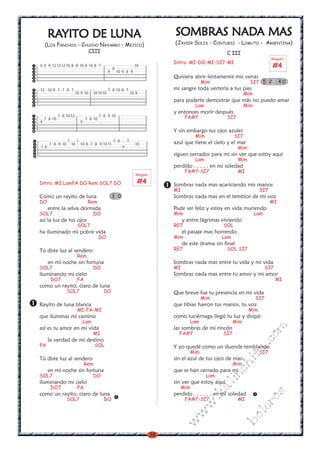 38
w
w
w
.kalinchita.com
boleros
RARARARARAYITO DE LYITO DE LYITO DE LYITO DE LYITO DE LUNAUNAUNAUNAUNA
(LOS PANCHOS - CHUCHO NAVARRO - MEJICO)
CIII
Intro: MI LamFA DO Rem SOL7 DO
Como un rayito de luna
DO Rem
entre la selva dormida
SOL7 DO
así la luz de tus ojos
SOL7
ha iluminado mi pobre vida
DO
Tú diste luz al sendero
Rem
en mi noche sin fortuna
SOL7 DO
iluminando mi cielo
DO7 FA
como un rayito, claro de luna
SOL7 DO
Rayito de luna blanca
MI-FA-MI
que iluminas mi camino
Lam
así es tu amor en mi vida
MI
la verdad de mi destino
FA SOL
Tú diste luz al sendero
Rem
en mi noche sin fortuna
SOL7 DO
iluminando mi cielo
DO7 FA
como un rayito, claro de luna
SOL7 DO
0 0 0 12131210 8 8 10 8 10 8 7 10
8
9 10 9 8 9
12 10 8 7 7 8 7 7 8 10 8 7
10 9 10 101010 10 8
7 8 1012 7 8 9 10
7 8 10 7 8 10
9 9
7 7 7 8 7
7 8 9 10 10 10 8 7 8 9 10 11 10
7 9 9
3 0
Rasgueo
#4
SOMBRAS NADSOMBRAS NADSOMBRAS NADSOMBRAS NADSOMBRAS NADA MASA MASA MASA MASA MAS
(JAVIER SOLIS - CONTURSI - LOMUTO - ARGENTINA)
C III
Intro: MI-DO-MI-SI7-MI
Quisiera abrir lentamente mis venas
Mim SI7
mi sangre toda verterla a tus pies
Mim
para poderte demostrar que más no puedo amar
Lam Mim
y entonces morir después
FA#7 SI7
Y sin embargo tus ojos azules
Mim SI7
azul que tiene el cielo y el mar
Mim
siguen cerrados para mi sin ver que estoy aquí
Lam Mim
perdido . . . . . en mi soledad
FA#7-SI7 MI
Sombras nada mas acariciando mis manos
MI SI7
Sombras nada mas en el temblor de mi voz
MI
Pude ser feliz y estoy en vida muriendo
Mim Lam
y entre lágrimas viviendo
RE7 SOL
el pasaje mas horrendo
Mim Lam
de este drama sin final
RE7 SOL SI7
Sombras nada mas entre tu vida y mi vida
MI SI7
Sombras nada mas entre tu amor y mi amor
MI
Que breve fue tu presencia en mi vida
Mim SI7
que tibias fueron tus manos, tu voz
Mim
como luciérnaga llegó tu luz y disipó
Lam Mim
las sombras de mi rincón
FA#7 SI7
Y yo quedé como un duende temblando
Mim SI7
sin el azul de tus ojos de mar
Mim
que se han cerrado para mi
Lam
sin ver que estoy aquí
Mim
perdido . . . . . . en mi soledad
FA#7-SI7 MI
5 2 4 0
Rasgueo
#4
 