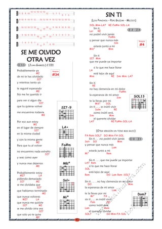 40
w
w
w
.kalinchita.com
boleros
SE ME OLSE ME OLSE ME OLSE ME OLSE ME OLVIDOVIDOVIDOVIDOVIDO
OTRA VEZOTRA VEZOTRA VEZOTRA VEZOTRA VEZ
(JUAN GABRIEL) C III
Probablemente ya
MI
de mi te has olvidado
SI7
y mientras tanto yo
te seguiré esperando
MI
No me he querido ir
para ver si algun dia
SI7
que tu quieras volver
me encuentres todavia
MI
Por eso aun estoy
MI
en el lugar de siempre
SI7
en la misma ciudad
y con la misma gente
MI
Para que tu al volver
no encuentres nada extraño
SI7
y seas como ayer
y nunca mas dejarnos
MI
Probablemente estoy
MI7 LA
pidiendo demasiado
SI7 MI
se me olvidaba que
SI7
que habiamos terminado
MI
que nunca volveras
MI7 LA
que nunca me quisiste
SI7 MI
se me olvido otra vez
SI7
que solo yo te quise
MI
3 1-1
SIN TISIN TISIN TISIN TISIN TI
(LOS PANCHOS - PEPE GUIZAR - MEJICO)
SOL-Mim-LA7 RE-Fa#m-SOL-LA
Sin ti,
La+ RE
no podré vivir jamás
Fa#m
y pensar que nunca más
Sim
estarás junto a mi
Mib° Mim
Sin ti
SI7 Mim
que me puede ya importar
si lo que me hace llorar
LA
está lejos de aquí
Mim RE Sim Mim LA7
Sin ti
RE
no hay clemencia en mi dolor
Fa#m
la esperanza de mi amor
Sim
te la llevas por mi
Mib° SOL
sin ti . . . es inútil vivir
Solm RE
como inútil será,
Sim Mim
el quererte olvidar
LA7 RE Fa#m-SOL-LA
3 2 2 3
(OTRA VERSION UN TONO MAS BAJO)
FA-Rem-SOL7 DO-Mim-FA-SOL
Sin ti . . .no podré vivir jamás
Sol+ DO Mim
y pensar que nunca más
Lam
estarás junto a mi
Mi° Rem
Sin ti . . . que me puede ya importar
LA7 Rem
si lo que me hace llorar
SOL
está lejos de aquí
Rem DO Lam Rem SOL7
Sin ti . . . .no hay clemencia en mi dolor
DO Mim
la esperanza de mi amor
Lam
te la llevas por mi
Mi° FA
sin ti . . . es inútil vivir
Fam DO
como inútil será,
Lam Rem
el quererte olvidar
SOL7 DO Mim-FA-SOL
3 0 2 1
LA+
Fa#m
Mibº
Sol+
x
x
Miº
Rasgueo
#4
Rasgueo
#34
10 12 10 12 10
7 8 9 10 12 5 7 5
8 7 6
9 10 9 10 11 12 10 12 10 9 10 12 10 12 10 12
10 12 10 12 10 10 9 10 9 10 9 10
10 10 12
11
9 10 9 10 9 9 7 9 7 9 7 9
10 10 10
11
7 9 7 9 7 7
8 8 8 10
9
SI7-9
Dom7
SOL13
x
x
 