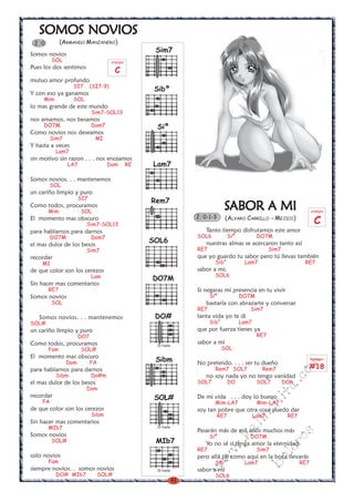 41
w
w
w
.kalinchita.com
boleros
SOMOS NOVIOSSOMOS NOVIOSSOMOS NOVIOSSOMOS NOVIOSSOMOS NOVIOS
(ARMANDO MANZANERO)
Somos novios
SOL
Pues los dos sentimos
mutuo amor profundo
SI7 (SI7-9)
Y con eso ya ganamos
Mim SOL
lo mas grande de este mundo
Sim7-SOL13
nos amamos, nos besamos
DO7M Dom7
Como novios nos deseamos
Sim7 MI
Y hasta a veces
Lam7
sin motivo sin razon . . . nos enojamos
LA7 Dom RE
Somos novios. . . mantenemos
SOL
un cariño limpio y puro
SI7
Como todos, procuramos
Mim SOL
El momento mas obscuro
Sim7-SOL13
para hablarnos para darnos
DO7M Dom7
el mas dulce de los besos
Sim7
recordar
MI
de que color son los cerezos
Lam
Sin hacer mas comentarios
RE7
Somos novios
SOL
Somos novios. . . mantenemos
SOL#
un cariño limpio y puro
DO7
Como todos, procuramos
Fam SOL#
El momento mas obscuro
Dom FA
para hablarnos para darnos
Sibm Do#m
el mas dulce de los besos
Dom
recordar
FA
de que color son los cerezos
Sibm
Sin hacer mas comentarios
MIb7
Somos novios
SOL#
solo novios
Fam
siempre novios. . somos novios
DO# MIb7 SOL#
2 0
SSSSSABABABABABOR A MIOR A MIOR A MIOR A MIOR A MI
(ALVARO CARRILLO - MEJICO)
Tanto tiempo disfrutamos este amor
SOL6 Siº DO7M
nuestras almas se acercaron tanto así
RE7 Sim7
que yo guardo tu sabor pero tú llevas también
Sib° Lam7 RE7
sabor a mi;
SOL6
Si negaras mi presencia en tu vivir
Siº DO7M
bastaría con abrazarte y conversar
RE7 Sim7
tanta vida yo te di
Sib° Lam7
que por fuerza tienes ya
RE7
sabor a mi
SOL
No pretendo. . . . ser tu dueño
Rem7 SOL7 Rem7
no soy nada yo no tengo vanidad
SOL7 DO SOL7 DO6
De mi vida . . . doy lo bueno
Mim-LA7 Mim-LA7
soy tan pobre que otra cosa puedo dar
RE7 Lam7 RE7
Pasarán más de mil años muchos más
Siº DO7M
Yo no sé si tenga amor la eternidad
RE7 Sim7
pero allá tal como aqui en la boca llevarás
Sib° Lam7 RE7
sabor a mi
SOL6
2 0-1-3
SOL#
IV traste
Sibm
MIb7
IV traste
x
x
DO#
IV traste
DO7M
Sibº
Siº
Sim7
Lam7
Rem7
SOL6
arpegio
C
Rasgueo
#18
arpegio
C
 