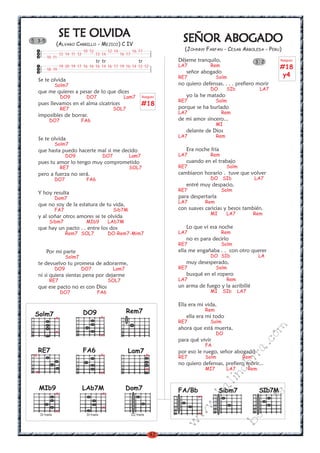 42
w
w
w
.kalinchita.com
boleros
SEÑOR ABSEÑOR ABSEÑOR ABSEÑOR ABSEÑOR ABOGADOOGADOOGADOOGADOOGADO
(JOHNNY FARFAN - CESAR ARBOLEDA - PERU)
Déjeme tranquilo,
LA7 Rem
señor abogado
RE7 Solm
no quiero defensas. . . . prefiero morir
DO SIb LA7
yo la he matado
RE7 Solm
porque se ha burlado
LA7 Rem
de mi amor sincero...
MI
delante de Dios
LA7 Rem
Era noche fría
LA7 Rem
cuando en el trabajo
RE7 Solm
cambiaron horario . tuve que volver
DO SIb LA7
entré muy despacio,
RE7 Solm
para despertarla
LA7 Rem
con suaves caricias y besos también.
MI LA7 Rem
Lo que vi esa noche
LA7 Rem
no es para decirlo
RE7 Solm
ella me engañaba . . con otro querer
DO SIb LA
muy desesperado,
RE7 Solm
busqué en el ropero
LA7 Rem
un arma de fuego y la acribillé
MI SIb LA7
Ella era mi vida,
Rem
ella era mi todo
RE7 Solm
ahora que está muerta,
DO
para qué vivir
FA
por eso le ruego, señor abogado
RE7 Solm Rem
no quiero defensas, prefiero morir...
MI7 LA7 Rem
3 2
SE TE OLSE TE OLSE TE OLSE TE OLSE TE OLVIDVIDVIDVIDVIDAAAAA
(ALVARO CARRILLO - MEJICO) C IV
Se te olvida
Solm7
que me quieres a pesar de lo que dices
DO9 DO7 Lam7
pues llevamos en el alma cicatrices
RE7 SOL7
imposibles de borrar.
DO7 FA6
Se te olvida
Solm7
que hasta puedo hacerte mal si me decido
DO9 DO7 Lam7
pues tu amor lo tengo muy comprometido
RE7 SOL7
pero a fuerza no será.
DO7 FA6
Y hoy resulta
Dom7
que no soy de la estatura de tu vida,
FA7 Sib7M
y al soñar otros amores se te olvida
Sibm7 MIb9 LAb7M
que hay un pacto . . entre los dos
Rem7 SOL7 DO-Rem7-Mim7
Por mi parte
Solm7
te devuelvo tu promesa de adorarme,
DO9 DO7 Lam7
ni si quiera sientas pena por dejarme
RE7 SOL7
que ese pacto no es con Dios
DO7 FA6
RE7
x
x
FA6
x
x
Dom7
III traste
Rem7
FA/Bb
x
x
Solm7
x
x
DO9
x
x
Lam7
x
x
Sibm7MIb9
IV traste
x
x
LAb7M
IV traste
x
x
SIb7M
Rasgueo
#18
Rasgueo
#18
y4
10 12 12 14 16 17
12 14 11 12 13 14 16 17
10 11
19 20 19 17 16 16 16 14 16 17 19 16 14 12 12
18 19
tr tr tr
5 3-5
 