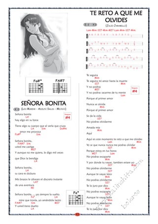 43
w
w
w
.kalinchita.com
boleros
SEÑORA BSEÑORA BSEÑORA BSEÑORA BSEÑORA BONITONITONITONITONITAAAAA
(LEO MARINI - ADOLFO SALAS - MEJICO)
Señora bonita
LA
hay algo en su boca
Tiene algo su cuerpo que al verla que cruza
LA Sim Do#m
amor me provoca
Fa#º Sim
Señora bonita,
FA#7 Sim
usted me castiga
MI7
Y aunque no me quiera, le digo mil veces
que Dios la bendiga
LA
Señora bonita,
LA
su cara es dulzura
Mis brazos le ofrecen el discreto instante
LA7
de una aventura
RE
Señora bonita, ....yo siempre la sueño.
Faº LA
mire que ironía, yo amándola tanto
FA#7 Sim MI7
Y usted tiene dueño
LA
4 2
FA#7
Faº
Fa#º
Rasgueo
#4
TE RETO A QUE METE RETO A QUE METE RETO A QUE METE RETO A QUE METE RETO A QUE ME
OLOLOLOLOLVIDESVIDESVIDESVIDESVIDES
(JULIO JARAMILLO)
Lam-Mim-SI7-Mim-MI7-Lam-Mim-SI7-Mim
Te seguira
Mim
Te seguira mi amor hasta la muerte
SI7 Mim
Y no podras
MI7
Y no podras sacarme de tu mente
Lam
Porque al primer amor
Nunca se olvida
Mim
Porque al primer amor
Se da la vida
SI7
No podras olvidarme
Amada mia
Mim
Aquí
Aquí en este momento te reto a que me olvides
Lam Mim
Yo se que nunca nunca me podras olvidar
SI7 Mim
Porque estoy en tus horas
MI7 Lam
No podras escaparte
Mim
Y por donde tu vayas, tambien estare yo
SI7 Mim
No podras olvidarme
SI7
Aunque te vayas lejos
Mim
No podras olvidarme
SI7
Te lo juro por dios
Mim
No podras escaparte
SI7
Aunque te vayas lejos
Mim
No podras olvidarme
SI7
Te lo juro por dios
Mim
5 8 7 8 7 8 5 5 8 7 8 7 5
7
3 7 7 7
5 10 8 7 7 8 10 10 8 6
4 7
5 3 3 5 3 3 5 3 3 5 3 3
7 7 7 7
7 5 5 7 5 5 7 5 5 7 5 5
8 8 8 8
5 3 3 5 3 3 5 3
7 7 7 5 4 0
5 2 0
)
)
)
)
)
)
)
)
)
)
)
Rasgueo
#4
5 2 4 2
 