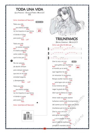 44
w
w
w
.kalinchita.com
boleros
TRIUNFTRIUNFTRIUNFTRIUNFTRIUNFAMOSAMOSAMOSAMOSAMOS
(RAFAEL CARDENAS - MEJICO) C I
Intro: Lam-SOL-FA-MI-Lam
Une tu voz a mi voz
Lam
para gritar que triunfamos
Rem Lam
el mundo ya se cansó,
SOL
aquí seguimos los dos
FA
sin renunciar ni ocultarnos.
MI
Porque ocultar nuestro amor
Lam
sería tapar con un dedo
Rem Lam
la luz inmensa del sol,
SOL
negar la gracia de Dios
FA
decir que lo blanco es negro.
MI Lam
Amor nada nos pudo separar
Rem
luchamos contra toda incomprensión,
Lam
del cuento ya no hay nada que contar
MI
triunfamos por la fuerza del amor.
Lam
Une tu voz a mi voz
Rem
para gritar que vencimos
Lam
y si es pecado el amor
SIb Lam
que el cielo de explicación
MI
porque es mandato divino
Lam
TODTODTODTODTODA UNA VIDA UNA VIDA UNA VIDA UNA VIDA UNA VIDAAAAA
(LOS PANCHOS - OSVALDO FARRES- MEJICO) C
III
Intro: Solm Rem LA7 Rem (x2)
Toda una vida
Rem
me estaria contigo
RE7 Solm
no me importa en que forma
Rem
ni donde ni como
LA7
pero junto a ti
Rem LA7
Toda una vida
Rem
te estaría mimando
RE7 Solm
te estaría cuidando
Rem
como cuido mi vida
LA7
que la vivo por ti
Rem
No me cansaria
DO7
de decirte siempre
pero siempre siempre
FA
que eres en mi vida
LA7
ansiedad angustia
y desesperación
Rem LA7
Toda una vida
Rem
me estaría contigo
RE7 Solm
no me importa en que forma
Rem
ni donde ni como
LA7
pero junto a ti
Rem
Inter: Solm Rem LA7 Rem (x2)
3 2-0 4 3
SIb
Rasgueo
#4
Rasgueo
#4
9 13 11 9 11 8 11 9 8 9
11 10
10 10
6 9 8 6 8 8 11 9 8
6 10 11
6 10
7 6 7 6
8 6 8 6 5 3
)
)
)
)
tr tr
4 2-2
 