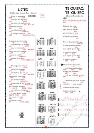 45
w
w
w
.kalinchita.com
boleros
TE QUIEROTE QUIEROTE QUIEROTE QUIEROTE QUIERO,,,,,
TE QUIEROTE QUIEROTE QUIEROTE QUIEROTE QUIERO
(SEGUNDO ROSERO)CAPO II
Intro: SOL SI7 Mim Lam Mim SI7
Mim
Cada día que pasa,
Mim
cada hora un minuto
Lam
yo siento que te amo
SI7
y te amo mucho más
Mim
No hay distancia ni tiempo
Mim-MI
ni santa y ningún templo
Lam
que impida que te diga
SOL
te quiero, te quiero
SI7 Mim
que impida que te diga
SOL
te quiero, te quiero
SI7 Mim
Amor te amo de verdad,
SI7
con el alma yo te adoro
SOL SI7 Mim
te amo con sinceridad,
MI7 Lam
más que a mi vida te amo
RE7 SOL
Por eso es que en el mundo
Mim SOL
no habrá . . . nada ni nadie
que impida que te diga
te quiero, te quiero
SI7 Mim
2veces
5 2
LA7M LA6
Sim7
Sibº
RE6
Sol#m7b5
IV traste
x
x
Do#m7
IV traste
DO9
x
x
Sim9
x
x
Mim9
V traste
x
x
LA13
V traste
x
x
LA7+5
V traste
x
x
RE7M
V traste
SOL13
III traste
x
x
SOL7-5
x
x
FA#7
USTEDUSTEDUSTEDUSTEDUSTED
(Z. MARTÍNEZ - GABRIEL RUIZ - MEJICO)
. Usted es la culpable
MI7 LA7M
de todas mis angustias
LA6 LA7M
de todos mis quebran....tos
Do° Sim7 MI7 RE6
usted llenó mi vida
MI7 Sim7
de dulces inquietudes
Sib° Sol#m7b5
y amargos desencan. . . tos
MI7 Do#m7 DO9 Sim9
Su amor es como un grito
MI7 LA7M
que llevo aquí en mi alma
LA6 LA7M
aquí en mi corazón
Do° Sim7 MI7 RE6
Y soy, aunque no quiera
MI7 Sim7
esclavo de sus ojos
Sib° Sol#m7bS
juguete de su amor
MI7 Do#m7 DO9 Sim9
No juegue con mi vida
MI7 LA7M
ni con mis ilusiones
LA6 LA7M
son todo lo que ten - go
Do° Sim7 MI7 RE6
Usted es mi esperanza
MI7 Sim7
mi ultima esperanza
Sib° Sol#m7bS
comprenda de una ve....ez
MI7 Mim9 LA13
que usted me desespera
LA7+5 RE7M SOL13
me mata, me enloquece
SOL7 LA7M
y hasta la vida diera
SOL7-5 FA#7 Sim7
por vencer el miedo
Sim9 MI7
de besarla a usted
Si° LA7M (MI7)
4 2 3 2
arpegio
libre
12 13 12 9 9 7 9 9
13 14 10 10 9 10 10
(
(
9 5 7
10 7 7
6
5 9 12 9 9 7 9 9 9 7
7 7 10 10 10 10 9 10 10 10 9 9
10
9 7 9 5 2 7 5 4
10 9 9 10 7 7 3
10 6 4
4
tr
 