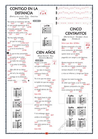 8
w
w
w
.kalinchita.com
boleros
CONTIGO EN LCONTIGO EN LCONTIGO EN LCONTIGO EN LCONTIGO EN LAAAAA
DISTDISTDISTDISTDISTANCIAANCIAANCIAANCIAANCIA
(PORTILLO DE LA LUZ - CUBA - CHRISTINA
AGUILERA) C I
No existe un momento del día
Sim7 MI7 LA7M
en que pueda apartarme de ti
Sim7 Siº LA7M
el mundo parece distinto
Sol#m7 DO#7 Fa#m
cuando no estás junto a mi.
SI7 Sim7 Siº MI7
No hay bella melodía
Doº Sim7
en que no surjas tú
MI7 LA7M-Sim7
ni yo quiero escucharla
Do#m7 FA#7 Sim7
si no la escuchas tú
MI7 LA7M
Es que te has convertido
DO#7 Fa#m7
en parte de mi alma
Mimb7-5 Laº Do#m7
ya nada me consuela
Do#º Sim7
si no estas tu también.
Siº LA7M
Más allá de tus labios
FA#7 Sim7
del sol y las estrellas
Siº LA7M
contigo en la distancia
FA#7 Sim7
amado mía . . . . . . estoy
MI7 LA7M
CIEN AÑOSCIEN AÑOSCIEN AÑOSCIEN AÑOSCIEN AÑOS
(PEDRO INFANTE - RAUL
CERVANTES MEJICO)
Pasaste a mi lado
SOL Lam RE7
con gran indiferencia
Sim
tus ojos ni siquiera
Sim7 Lam
voltearon hacia mí
RE7 SOL
Te vi sin que me vieras
Lam RE7
te hablé sin que me oyeras
Sim
y toda mi amargura
Sim7 Lam
se ahogó dentro de mí
RE7 SOL
Dom-SOL
Me duele hasta la vida
SOL7 DO
saber que me olvidaste
SOL7 DO
pensar que ni desprecios
LA7 RE
merezca yo de ti
LA7 RE7
Y sin embargo sigues
Lam RE7
unida a mi existencia
Sim
y si vivo cien años
Sim7 Lam
cien años pienso en ti
RE7 SOL
Dom-SOL
4 0 2 0
CINCOCINCOCINCOCINCOCINCO
CENTCENTCENTCENTCENTAAAAAVITOSVITOSVITOSVITOSVITOS
(HECTOR ULLOA - COLOMBIA -JULIO
JARAMILLO)
Intro: Lam Mim SI7Mim
Quiero comprarle a la vida
Mim SI7 Mim
cinco centavitos de felicidad;
MI7 Lam
quiero tener yo mi dicha,
SI7
pagando con sangre y con lágrimas.
Mim
Quiero tenerte en mis brazos,
Mim SI7 Mim
tan sólo un minuto, poderte besar,
MI7 Lam
aunque después no te tenga;
SI7
y viva un infierno, y tenga que llorar.
Mim
Aunque me mate la angustia,
Lam Mim
de saber que fuiste, y ya no serás.
SI7 Mim-MI7
Quiero comprarle a la vida,
Lam Mim
cinco centavitos de felicidad
SI7 Mim
4 2
arpegio
C y K
arpegio
C
Rasgueo
#18
y4
12 12 12 12
12 13 13 12 12 13 13 12 12 13
14 14 14
12 12 12 12
10 12 12 10 10 12 12 10 10 12
12 12 12
11 14 11 11 14 11 11 14 14
10 12 10 12 12 10 12
11
12 13 12 10 12 10 8 10 8 7 8 7
9
4 2 2 3
Sim7
LA7M
Siº
DO#7
x
x
Sol#m7
IV traste
Do#º
Fa#m
Doº
Laº
V traste
Do#m7
IV traste
Do#m
IV traste
Mibm7-5
IV traste
 