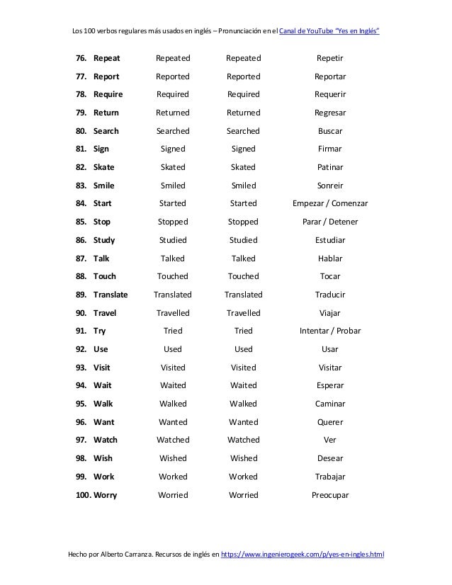 Lista De Los 100 Verbos Regulares Mas Usados En Ingles - Mayoría Lista