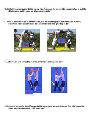 12. En la inmensa mayoría de los casos, has de descender en sentido opuesto al de la subida
(El último en subir, ha de ser el primero en bajar)
13. Para la estabilidad de la construcción, has de buscar apoyos suficientes en número,
superficie y orientación (base de sustentación lo más grande posible)
SÍ
NO
14. A través de una correcta posición, anticiparás el riesgo de caída
SÍ
NO
15. La construcción ha de edificarse rápidamente, pero sin precipitación (los pilares podrán
soportar el peso durante 10-20 segundos)
 