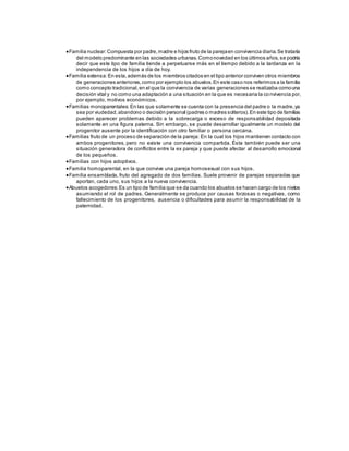 Familia nuclear:Compuesta por padre,madre e hijos fruto de la parejaen convivencia diaria.Se trataría
del modelo predominante en las sociedades urbanas.Comonovedad en los últimos años,se podría
decir que este tipo de familia tiende a perpetuarse más en el tiempo debido a la tardanza en la
independencia de los hijos a día de hoy.
Familia extensa:En esta,además de los miembros citados en el tipo anterior conviven otros miembros
de generaciones anteriores,como por ejemplo los abuelos.En este caso nos referimos a la familia
como concepto tradicional,en el que la convivencia de varias generaciones se realizaba comouna
decisión vital y no como una adaptación a una situación en la que es necesaria la convivencia por,
por ejemplo, motivos económicos.
Familias monoparentales:En las que solamente se cuenta con la presencia del padre o la madre,ya
sea por viudedad,abandono o decisión personal (padres o madres solteros).En este tipo de familias
pueden aparecer problemas debido a la sobrecarga o exceso de responsabilidad depositada
solamente en una figura paterna. Sin embargo, se puede desarrollar igualmente un modelo del
progenitor ausente por la identificación con otro familiar o persona cercana.
Familias fruto de un proceso de separación de la pareja: En la cual los hijos mantienen contacto con
ambos progenitores, pero no existe una convivencia compartida. Ésta también puede ser una
situación generadora de conflictos entre la ex pareja y que puede afectar al desarrollo emocional
de los pequeños.
Familias con hijos adoptivos.
Familia homoparental, en la que convive una pareja homosexual con sus hijos.
Familia ensamblada, fruto del agregado de dos familias. Suele provenir de parejas separadas que
aportan, cada uno, sus hijos a la nueva convivencia.
Abuelos acogedores:Es un tipo de familia que se da cuando los abuelos se hacen cargo de los nietos
asumiendo el rol de padres. Generalmente se produce por causas forzosas o negativas, como
fallecimiento de los progenitores, ausencia o dificultades para asumir la responsabilidad de la
paternidad.
 