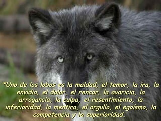 *Uno de los lobos es  la  maldad,  el  temor,  la  ira,  la  envidia,  el  dolor,  el  rencor,  la  avaricia,  la  arrogancia,  la  culpa,  el  resentimiento,  la  inferioridad,  la  mentira,  el  orgullo,  el egoísmo ,  la  competencia  y la  superioridad.  