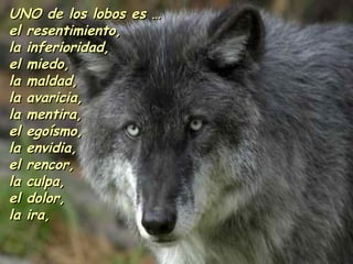 UNO de los lobos es … el resentimiento, la inferioridad, el miedo, la maldad, la avaricia, la mentira, el egoísmo , la envidia, el rencor, la culpa, el dolor, la ira,
