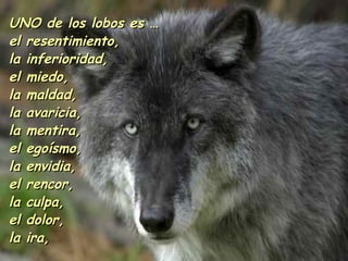 UNO de los lobos es … el resentimiento, la inferioridad, el miedo, la maldad, la avaricia, la mentira, el egoísmo , la envidia, el rencor, la culpa, el dolor, la ira,