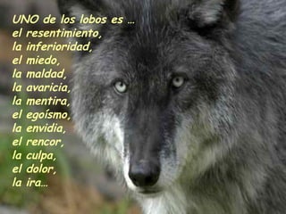 UNO de los lobos es …
el resentimiento,
la inferioridad,
el miedo,
la maldad,
la avaricia,
la mentira,
el egoísmo,
la envidia,
el rencor,
la culpa,
el dolor,
la ira…
 