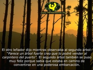 El otro leñador dijo mientras observaba al segundo árbol:
“Parece un árbol fuerte creo que lo podré vender al
carpintero del puerto”. El segundo árbol también se puso
muy feliz porque sabía que estaba en camino de
convertirse en una poderosa embarcación.
 