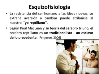 Esquizofisiología
• La resistencia del ser humano a las ideas nuevas, su
extraña aversión a cambiar puede atribuirse al
nuestro ´´yo reptiliano´´.
• Según Paul MacLean y su teoría del cerebro triuno, el
cerebro reptiliano es un tradicionalista - un esclavo
de lo precedente. (Ferguson, 2006)
 