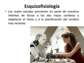 Esquizofisiología
• Los males sociales provienen en parte de nuestros
intentos de forzar a los dos viejos cerebros a
adaptarse al ritmo y a la planificación del cerebro
más reciente.
 