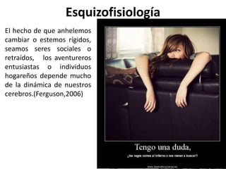 Esquizofisiología
El hecho de que anhelemos
cambiar o estemos rígidos,
seamos seres sociales o
retraídos, los aventureros
entusiastas o individuos
hogareños depende mucho
de la dinámica de nuestros
cerebros.(Ferguson,2006)
 