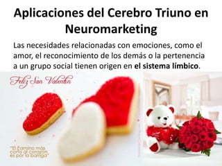 Aplicaciones del Cerebro Triuno en
Neuromarketing
Las necesidades relacionadas con emociones, como el
amor, el reconocimiento de los demás o la pertenencia
a un grupo social tienen origen en el sistema límbico.
 