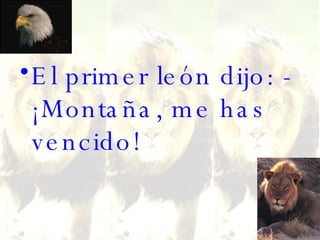 El primer león dijo: - ¡Montaña, me has vencido!  