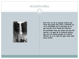 SEGUNDA OBRA
 Esta foto es de un paisaje natural que
tiene unos pinos muy altos y enfrente se
ve un acantilado en el cual pasa un rio
que cae por él en forma de catarata.
 El acantilado tiene una altura de unos 50
metros y el agua de la catarata parece
que cae con fuerza porque en la parte
inferior se ve la nube de agua como sube
hacia arriba.
 